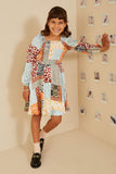 GY9057 Rust Mix Girls Quilted Animal Print Smocked Peasant Sleeve Dress Pose