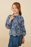 GY9088 Denim Girls Embroidered Scallop Hem Top Front 2