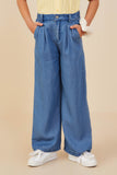 GY9146 Mid Denim Girls Pleated Detail Wide Leg Tencel Pants Front