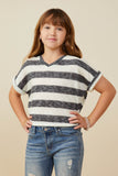 GY9328 Charcoal Girls Heathered Stripe V Neck Knit Top Front 2