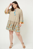 H4678W CREAM MIX Plus Printed Tassel Tie Tunic Dress Full Body