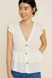 H7496 Stone Womens Button-Down Tiered Ruffle Hem Top Peplum Front