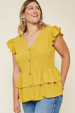 H7496W HONEY Plus Button-Down Tiered Ruffle Hem Top Side