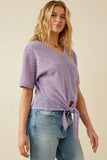 HDK1907 Lavender Womens Textured Ribbed Tie Front V Neck Top Side