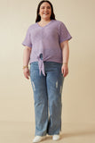 HDK1907W Lavender Plus Textured Ribbed Tie Front V Neck Top Full Body