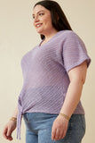 HDK1907W Lavender Plus Textured Ribbed Tie Front V Neck Top Side