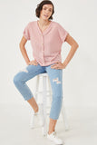 Womens Textured Knit Buttoned Twist Front Top