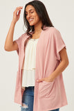 HDN4699 PINK Womens Waffle Knit Short Sleeve Open Cardigan Side