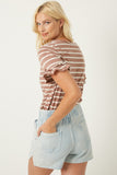 HJ1072 MAUVE Womens Stripe V-Neck Ruffle Tee Side