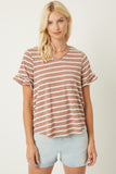 HJ1072 MAUVE Womens Stripe V-Neck Ruffle Tee Front 2