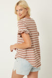 HJ1072 MAUVE Womens Stripe V-Neck Ruffle Tee Back