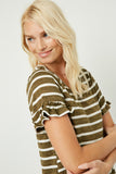 HJ1072 OLIVE Womens Stripe V-Neck Ruffle Tee Detail