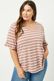 HJ1072W MAUVE Plus Stripe V-Neck Ruffle Tee Front