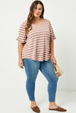 HJ1072W MAUVE Plus Stripe V-Neck Ruffle Tee Full Body