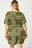 HJ3373W OLIVE Plus Bandana Print Pocket Knit Romper Back