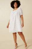 HK1689W Off White Plus Ditsy Hearts Square Neck Puff Sleeve Dress Full Body