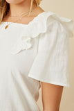 HK1736 Off White Womens Lace Trimmed Wide Ruffle Detail Top Detail