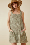 HK1859 Olive Womens Floral Print Button Detail Tank Dress Front