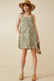 HK1859 Olive Womens Floral Print Button Detail Tank Dress Full Body