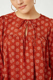 HN4172 RUST Womens Tie Neck Floral Printed Peasant Top Detail