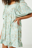 HY2627 Sage Womens Paisley Print Square Neck Tunic Dress Detail