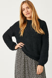 HY2741 BLACK Womens Popcorn Knit Pullover Sweater Front