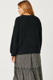 HY2741 BLACK Womens Popcorn Knit Pullover Sweater Side
