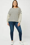 HY2763W OATMEAL Plus Contrast Stripe Sleeve Textured Knit Top Full Body 2