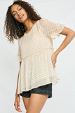 HY2775 Ivory Womens Ruffled Detail Sheer Polka Dot Peplum Top Pose