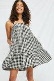 HY2954 BLACK Womens Gingham Tiered Sleeveless Dress Front