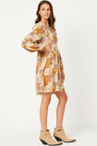 HY5058 MUSTARD Womens Patch Print Ruffled Shoulder Tie Neck Long Sleeve Dress Full Body