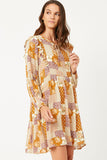 HY5058 MUSTARD Womens Patch Print Ruffled Shoulder Tie Neck Long Sleeve Dress Side