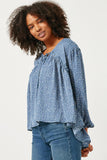 HY5124 BLUE Womens Ruffled Seam Detail Tasseled Long Sleeve Top Side