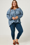 HY5124W BLUE Plus Ruffled Seam Detail Tasseled Long Sleeve Top Full Body 2