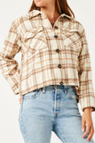 HY5249 BEIGE Womens Brushed Plaid Wide Sleeve Patch Pocket Shacket Full Body