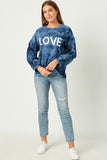 HY5389 BLUE Womens Love Print Garment Washed Long Sleeve Top Full Body