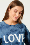 HY5389 BLUE Womens Love Print Garment Washed Long Sleeve Top Detail