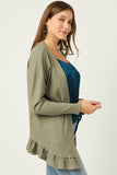 HY5469 OLIVE Womens Ruffle Hem Raw Edge Detail Waffle Knit Cardigan Side