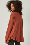 HY5469 RUST Womens Ruffle Hem Raw Edge Detail Waffle Knit Cardigan Back