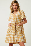 HY5588 Mustard Womens Plaid Patch Pocket Button Down Dress Full Body