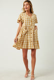 HY5588 Mustard Womens Plaid Patch Pocket Button Down Dress Pose