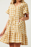 HY5588 Mustard Womens Plaid Patch Pocket Button Down Dress Side