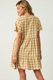 HY5588 Mustard Womens Plaid Patch Pocket Button Down Dress Back