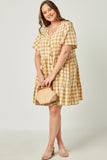 HY5588 Mustard Womens Plaid Patch Pocket Button Down Dress Full Body