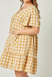 HY5588 Mustard Womens Plaid Patch Pocket Button Down Dress Back