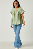 HY5593 SAGE Womens Textured Knit Ruffle Seamed Tassel Tie Top Full Body