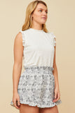 HY5765 OFF WHITE Womens Knit Eyelet Ruffle Detail Tank Side