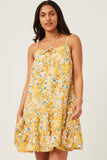 HY5895 Yellow Womens Tie Front Tiered Floral Mini Tank Dress Front