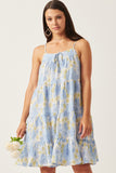 HY5966 BLUE Womens Front Tie Textured Floral Tiered Tank Dress Front