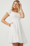 HY6004 IVORY Women Textured Puff Sleeve Smocked Squareneck Dress Side